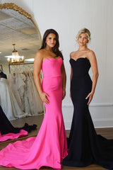 Hot Pink Mermaid Satin Strapless Corset Long Prom Dress