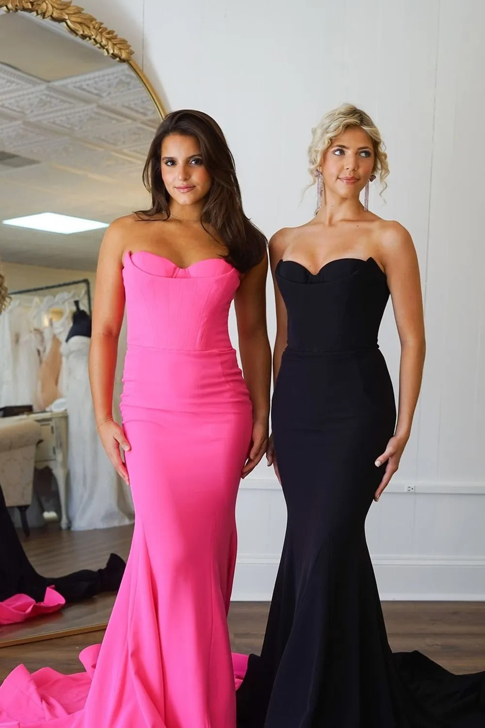 Hot Pink Mermaid Satin Strapless Corset Long Prom Dress
