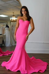 Hot Pink Mermaid Satin Strapless Corset Long Prom Dress