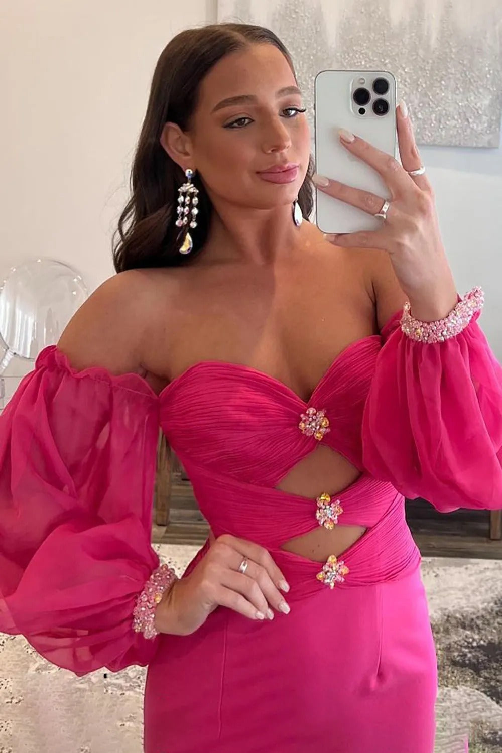 Hot Pink Off The Shoulder Detachable Sleeves Long Prom Dress