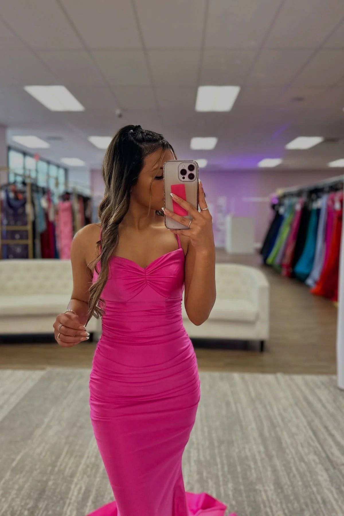 Hot Pink Spaghetti Straps Mermaid Long Prom Dress