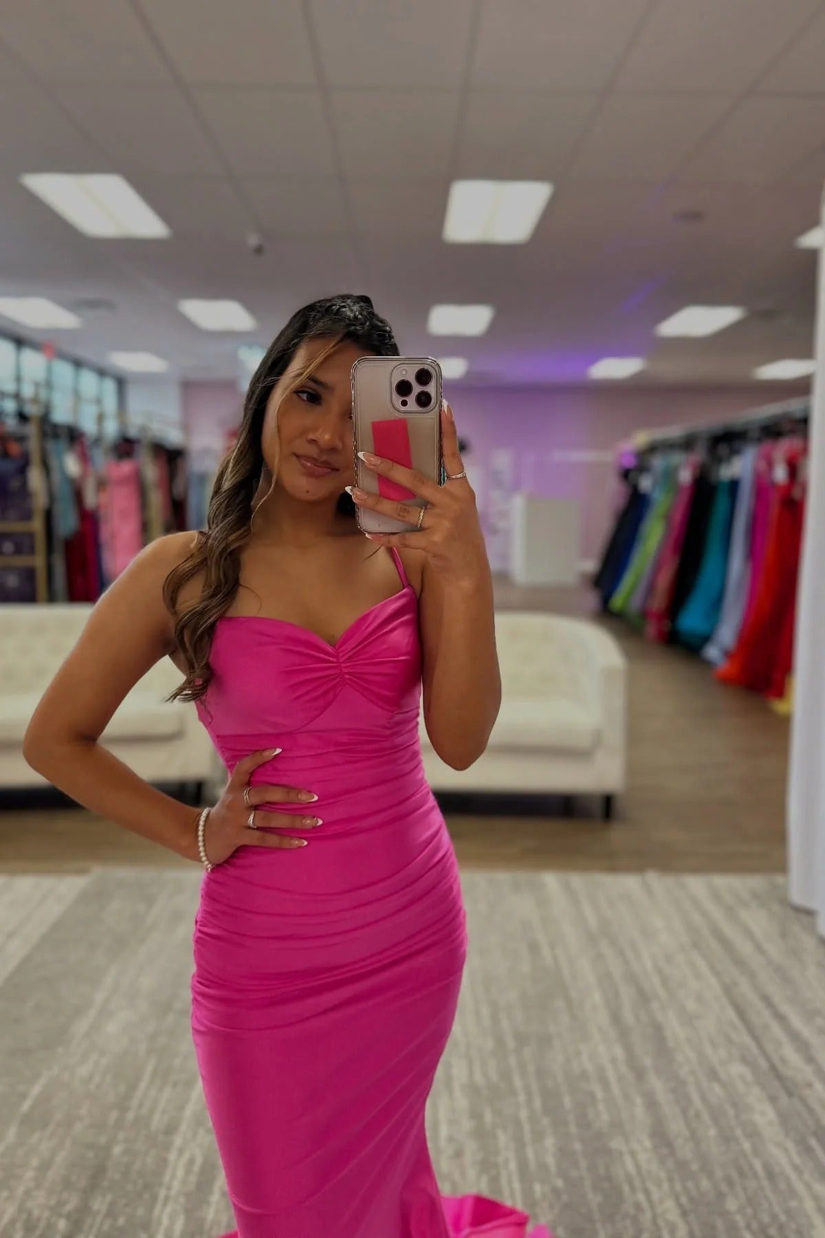 Hot Pink Spaghetti Straps Mermaid Long Prom Dress