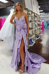 Hot Pink Spaghetti Straps Mermaid Satin Long Corset Prom Dress with Bow