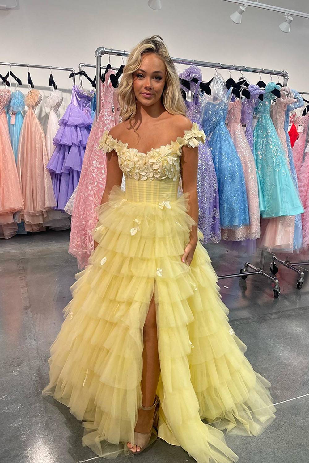 Tulle Off the Shoulder A-Line Ruffled Applique Long Prom Dress with Slit