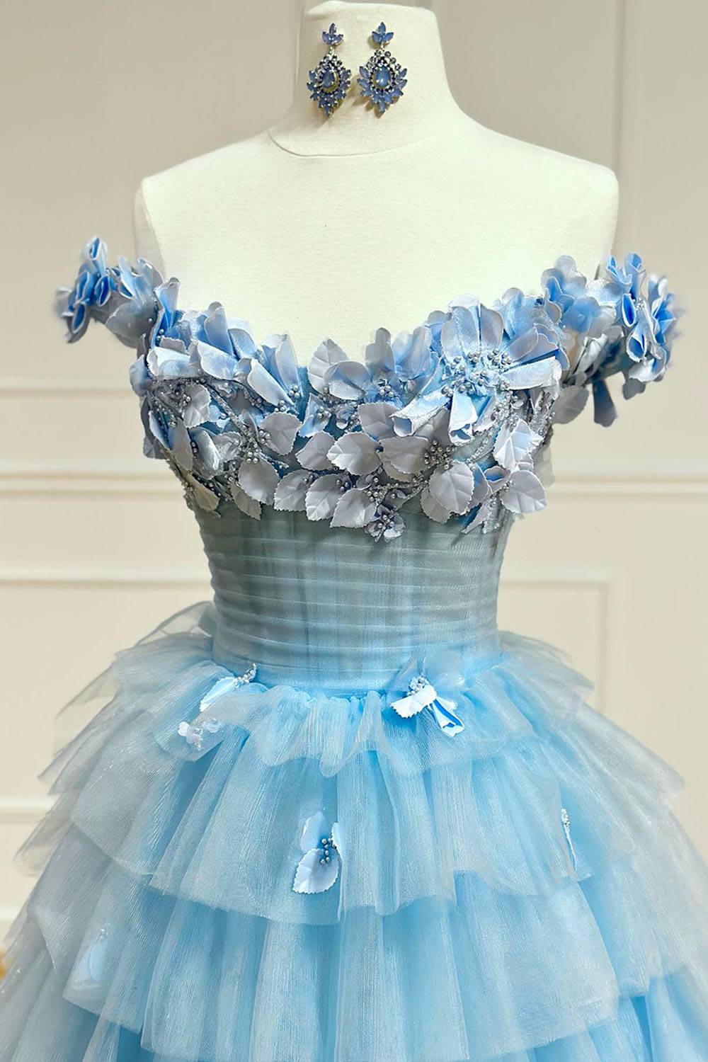Tulle Off the Shoulder A-Line Ruffled Applique Long Prom Dress with Slit