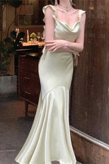 Ivory Spaghetti Straps Mermaid Satin Long Prom Dress with Ruffles