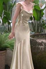 Ivory Spaghetti Straps Mermaid Satin Long Prom Dress with Ruffles