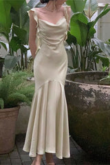 Ivory Spaghetti Straps Mermaid Satin Long Prom Dress with Ruffles