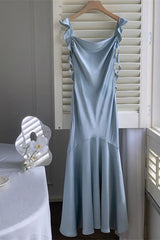 Ivory Spaghetti Straps Mermaid Satin Long Prom Dress with Ruffles