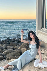 Ivory Spaghetti Straps Mermaid Satin Long Prom Dress with Ruffles