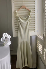 Ivory Spaghetti Straps Mermaid Satin Long Prom Dress with Ruffles