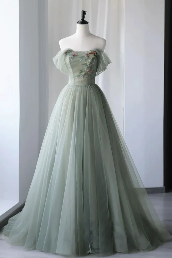 Princess Off the Shoulder Embroidering Tulle Sage Green Ball Gown