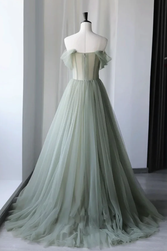 Off the Shoulder Embroidering Tulle Sage Green Ball Gown