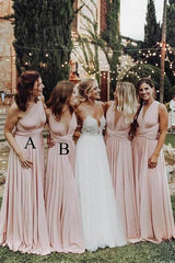 Pink Mismatched Plunging V Neck A-Line Long Bridesmaid Dresses