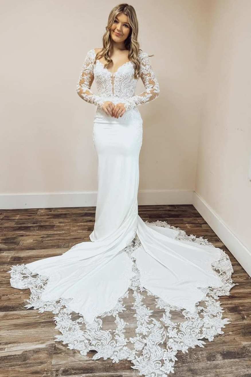 Elegant V-Neck Mermaid Sweep Train White Long Wedding Dresss