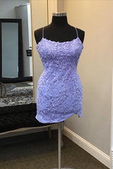 Lavender Mini Spaghetti Straps Homecoming Dress with Appliques