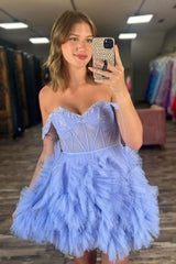 Lavendelfarbenes, schulterfreies, transparentes, kurzes Homecoming-Kleid im Korsett-Stil