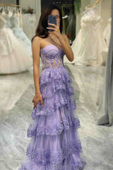 Lavender Strapless Tulle Sequins Ruffle Layered Slit Prom Dress