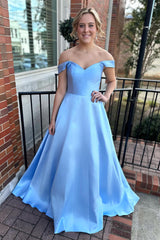 Light Blue Off the Shoulder A-Line Satin Long Prom Dress