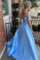 Light Blue Off the Shoulder A-Line Satin Long Prom Dress