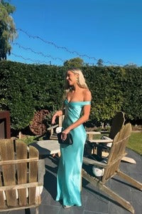 Light Blue Off the Shoulder Satin Sheath Long Prom Dress