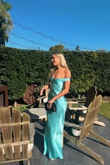 Light Blue Off the Shoulder Satin Sheath Long Prom Dress