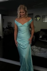 Light Blue Off the Shoulder Satin Sheath Long Prom Dress