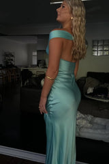 Light Blue Off the Shoulder Satin Sheath Long Prom Dress