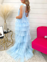 Light Blue Ruffled Spaghetti Straps A-Line Long Prom Dress with Slit