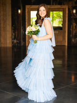 Light Blue Ruffled Spaghetti Straps A-Line Long Prom Dress with Slit