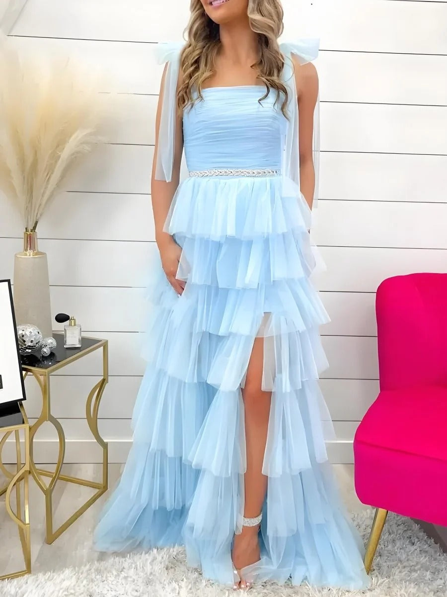 Light Blue Ruffled Spaghetti Straps A-Line Long Prom Dress with Slit