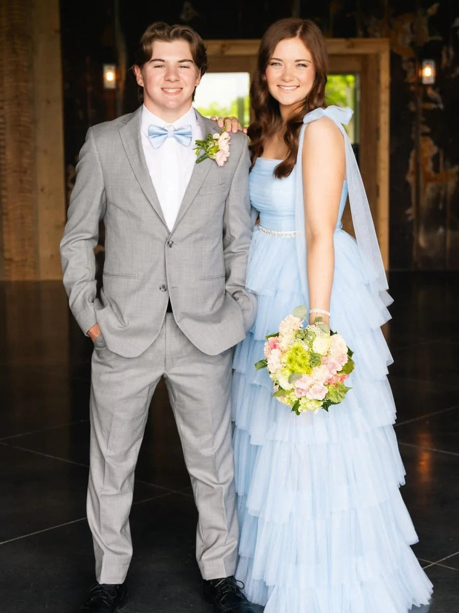Light Blue Ruffled Spaghetti Straps A-Line Long Prom Dress with Slit