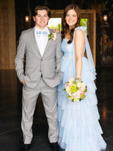 Light Blue Ruffled Spaghetti Straps A-Line Long Prom Dress with Slit