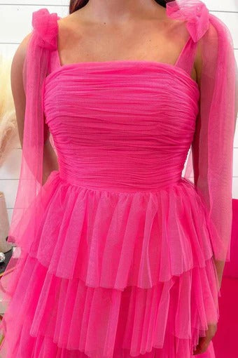 Light Blue Ruffled Spaghetti Straps A-Line Long Prom Dress with Slit
