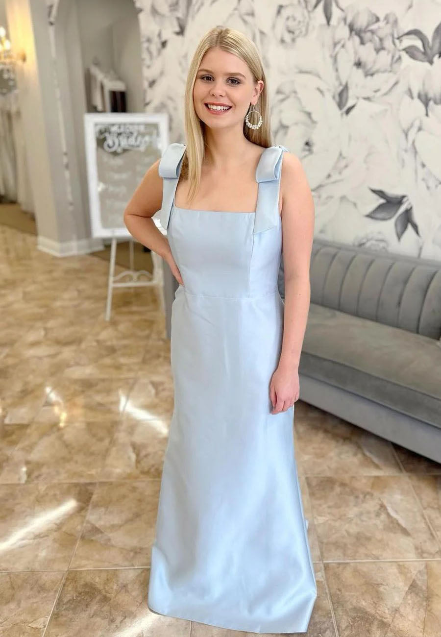 Light Blue Satin Spaghetti Straps Column Long Prom Dress