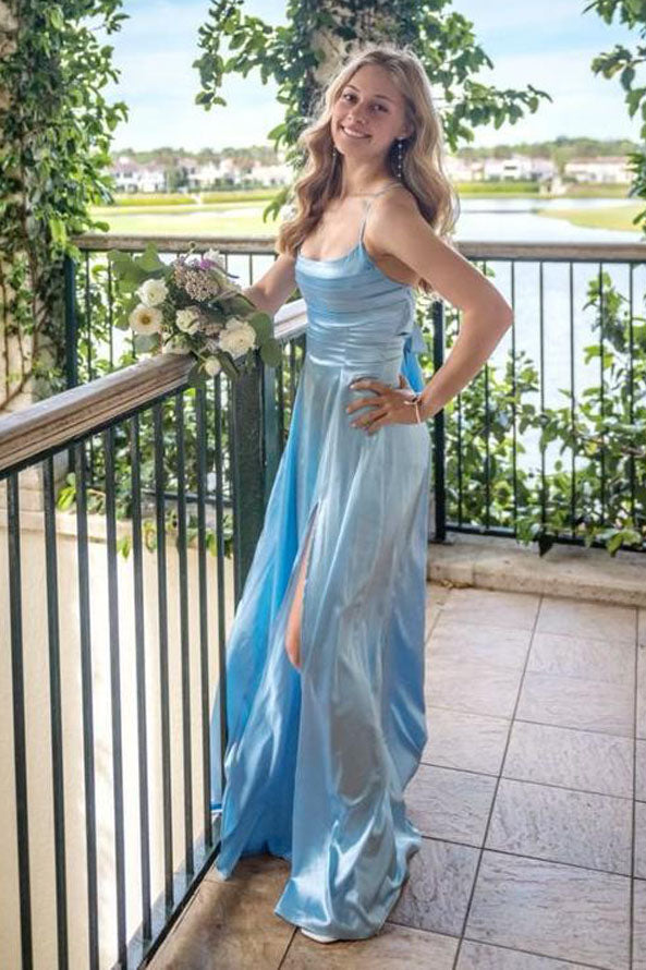 Light Blue Satin Spaghetti Straps Sheath Long Prom Dress with Slit