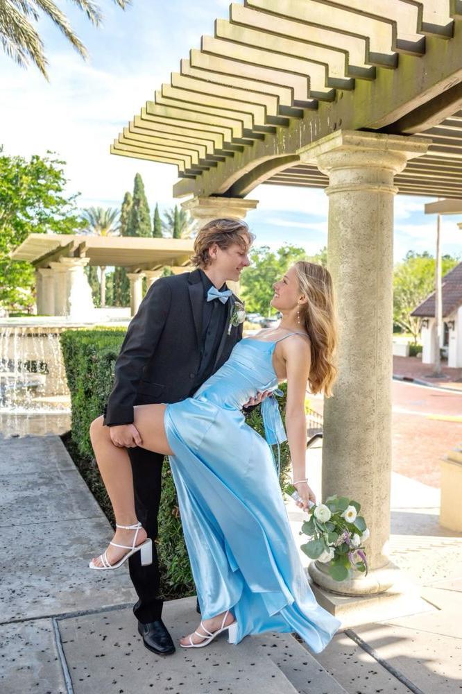Light Blue Satin Spaghetti Straps Sheath Long Prom Dress with Slit