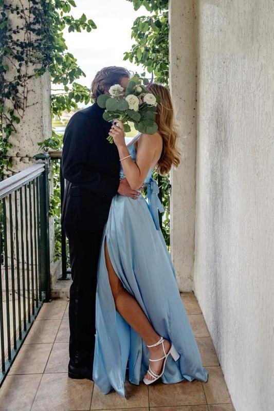 Light Blue Satin Spaghetti Straps Sheath Long Prom Dress with Slit