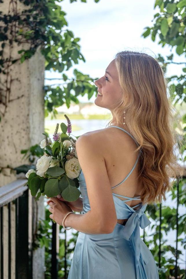 Light Blue Satin Spaghetti Straps Sheath Long Prom Dress with Slit