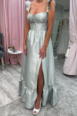 Light Blue Spaghetti Straps A-Line Satin Long Prom Dress with Ruffles