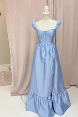 Light Blue Spaghetti Straps A-Line Satin Long Prom Dress with Ruffles