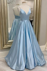 Light Blue Spaghetti Straps A-line Long Prom Dress