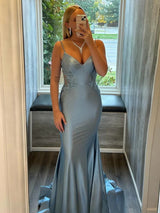 Light Blue Spaghetti Straps Appliques Mermaid Satin Long Prom Dress