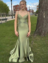Light Blue Spaghetti Straps Appliques Mermaid Satin Long Prom Dress