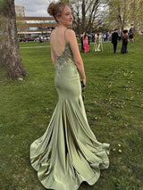 Light Blue Spaghetti Straps Appliques Mermaid Satin Long Prom Dress