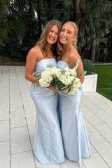 Light Blue Strapless Satin Mermaid Bridesmaid Dress
