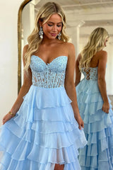 Light Blue Sweetheart A-Line Chiffon Long Corset Prom Dress with Slit