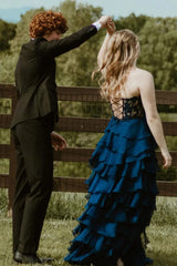 Light Blue Sweetheart A-Line Chiffon Long Corset Prom Dress with Slit