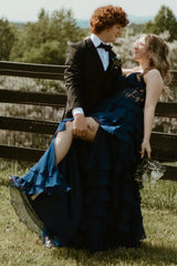 Light Blue Sweetheart A-Line Chiffon Long Corset Prom Dress with Slit