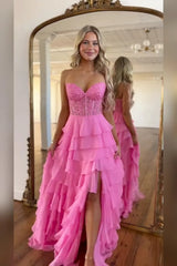 Light Blue Sweetheart A-Line Chiffon Long Corset Prom Dress with Slit